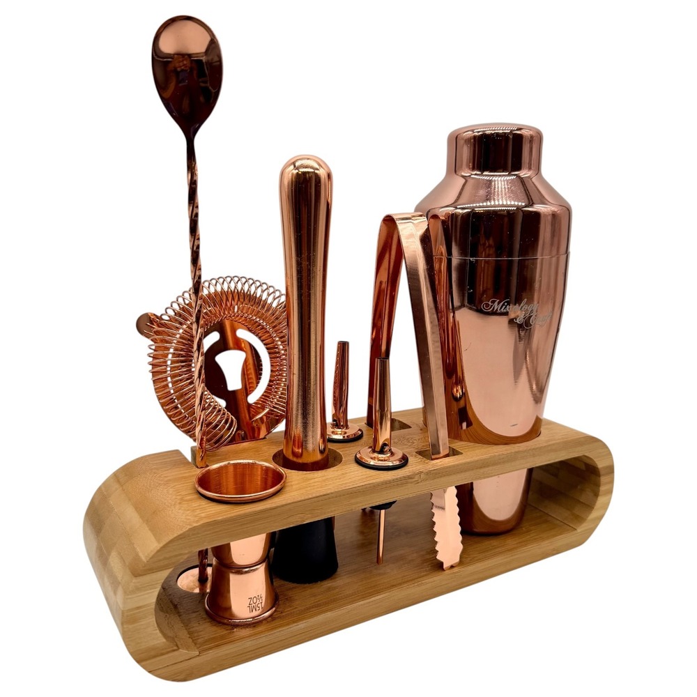 Mixology & Craft Bar Set 10-Piece Rose Gold Cocktail Shaker Kit Bamboo Stand
